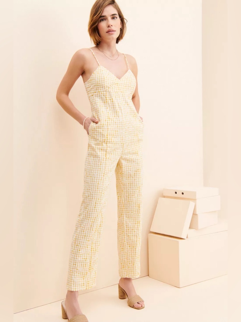 En Saison Yellow Gingham Embroidered Floral Wide Leg Jumpsuit Small Open Back